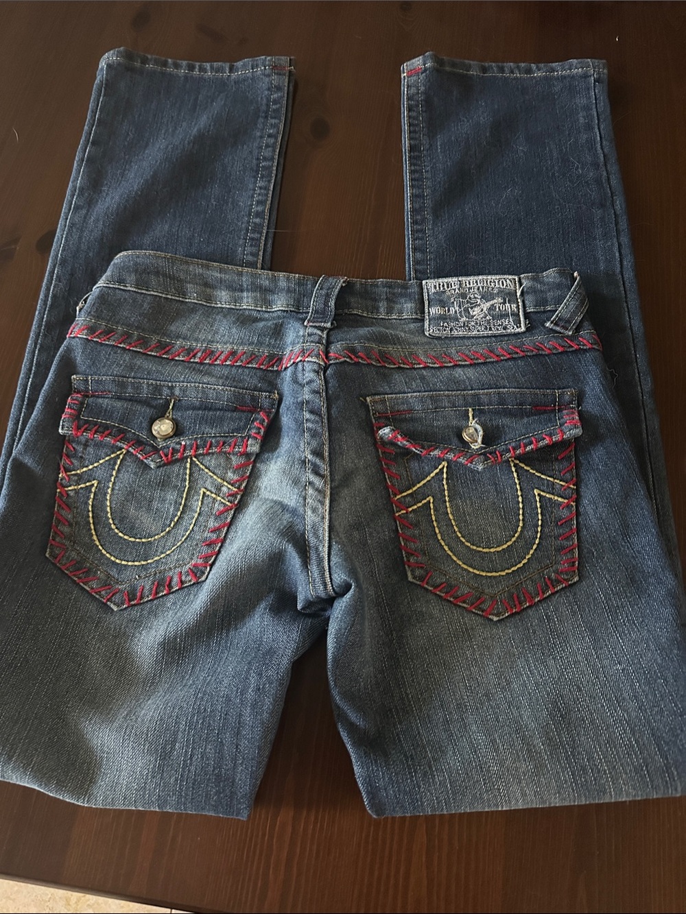 True Religion JOHNY SUPER T Women's Blue Denim Jeans with Red Whip Stitching 27
